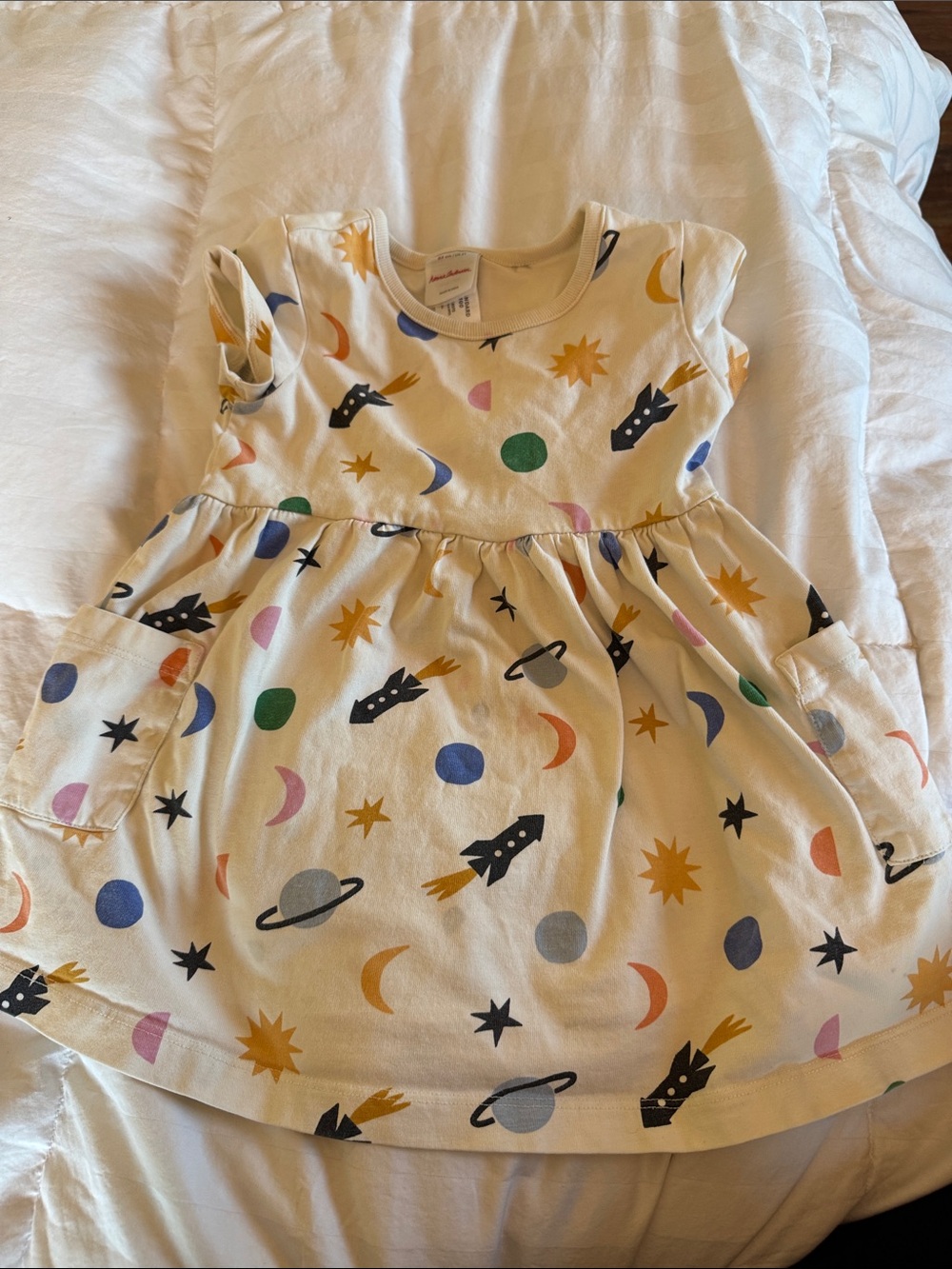 Space Rocket Print Toddler Dress - Cream with Multi Colored Planets
